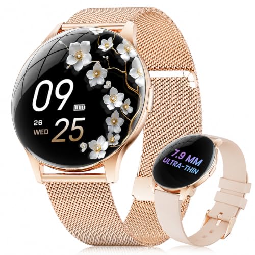 ESFOE Damen Smartwatch Ultradünn,1.43" AMOLED Smart Watch mit Bluetooth Anrufe,Uhr Damen Herren mit 120 Sportmodi Pulsuhr Schlafmonitor Schrittzähler, IP68 Fitnessuhr für iOS Android Roségold