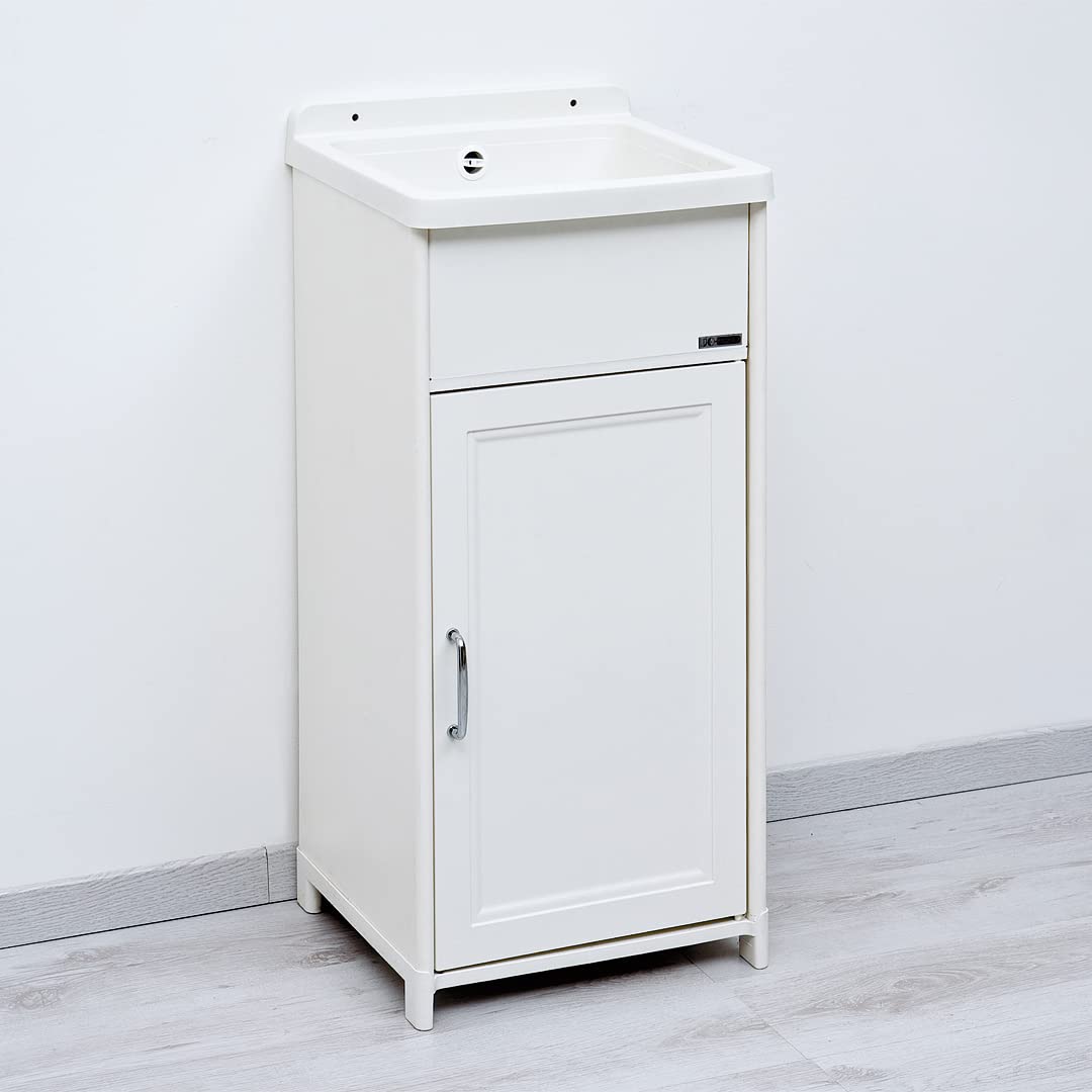 Lavadero de exterior interior resina PP y PVC blanco, reducido 40 x 40 x 86 cm h Pequeñas dimensiones compacto fácil montaje incluido sifonería