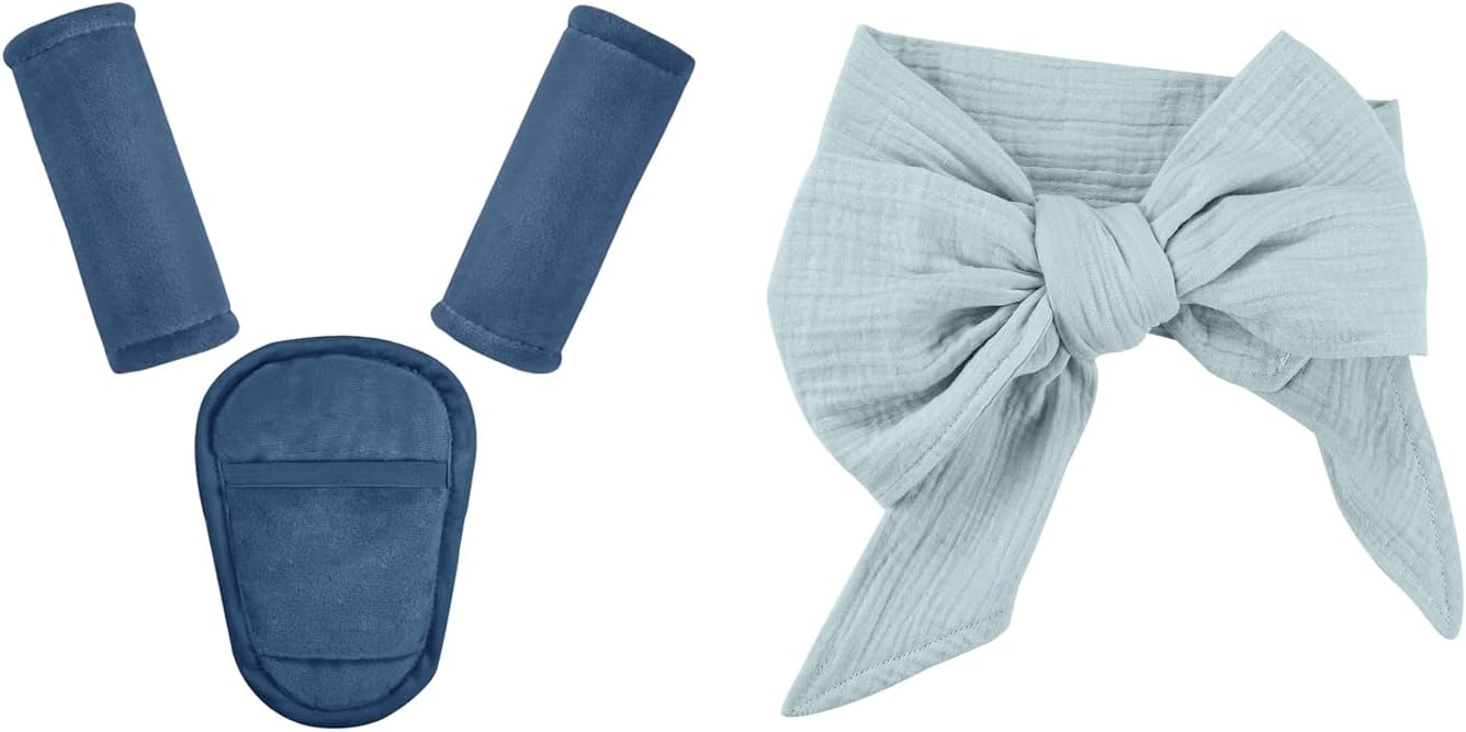 Newborn Swaddle Sash, Soft Muslin Bow Decorative Strap for Swaddles,Car Seat Straps Pads for Baby Boys 3 Pieces,Super Soft Car Seat Strap Covers Kids,Blue