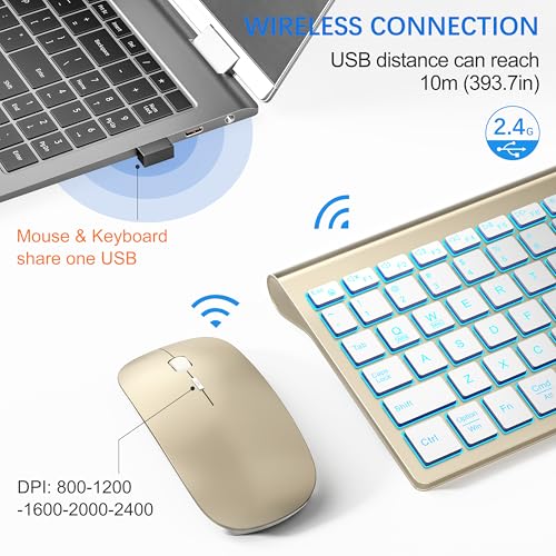 Image of Wireless Backlit Keyboard and Mouse Ultra Slim Combo, TopMate 2.4G Silent Compact 2400DPI Mouse and Scissor Switch Keyboard Set, Batteries Included, for PC /Laptop /Windows /Mac /Gaming - BL Gold White