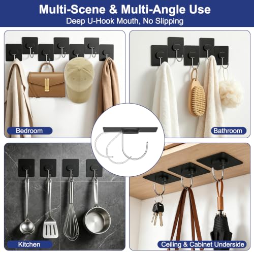 Image of Adhesive Wall Hooks No Drill Large Black Heavy Duty,13LB Sticky 12 Pack | Large Waterproof Black Sticky Hooks for Hanging,13lbs Max Load No Damage, Ideal for Towel,Coat,Bathroom,Kitchen,Home