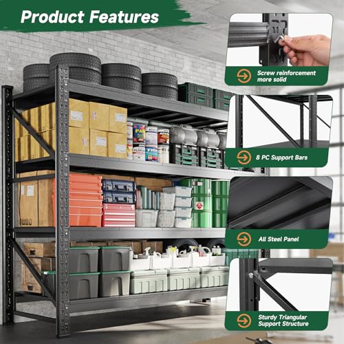 Image of Letaya 8000LBS Storage Shelves Heavy Duty,75 inch W Garage Shelving Units, 4 Tier Adjustable Utility Rack Shelf,Large Metal Industrial Shelves,for Shop,Warehouse,Basement,Black (75 inch W x 24 inch D x 70 inch H)
