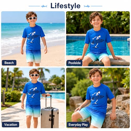 Image of Big Chill Boys Swim Set - 2 Piece Quick Dry UPF 50 Short Sleeve Rash Guard for Boys and Swim Trunks - Swimwear Set for Kids