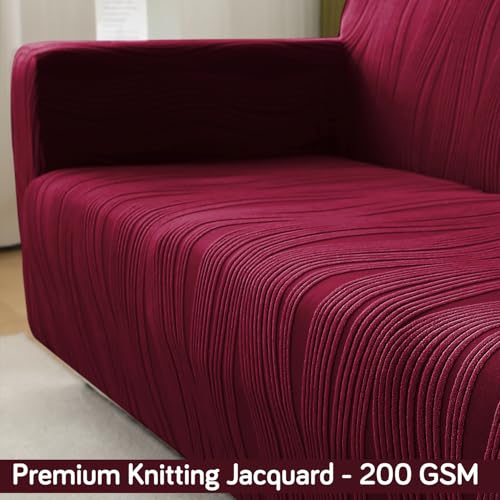 Image of HOKIPO 200 GSM Premium Knitting Jacquard Fully Covered Stretchable Sofa Cover for 4 Seater, 'Nestiva Series' Burgundy (NEW-AR-5310-BRGN)