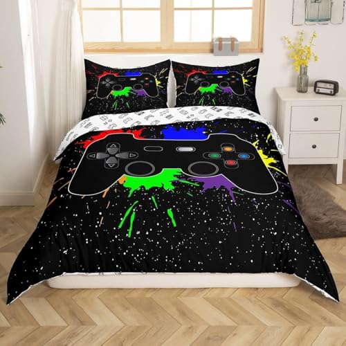Juego de ropa cama para niños y adolescentes, con diseño videojuegos, decoración dormitorio, funda nórdica cielo estrellado, galaxias, efecto Tie Dye, regalo cumpleaños, 135 x 200 cm