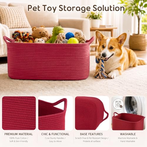 Image of OIASKET Large Empty Cotton Rope Gift Basket with Handles, 16.5 inchx12.6 inchx7 inch Decorative Woven Storage Basket with Gift Bag and Ribbon Set for Baby Shower, Toy Organizer for Kids, Dogs & Cats - Red