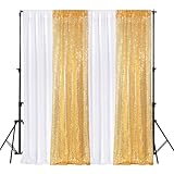 VitalCozy 4 Panels Photo Backdrop Curtains, 2 Pcs 4 x 10 ft Sequin Glitter Backdrop Curtains and 2 Pcs 7 x 10 ft Chiffon Backdrop Curtains for Birthday Wedding Graduation Party(White, Gold)