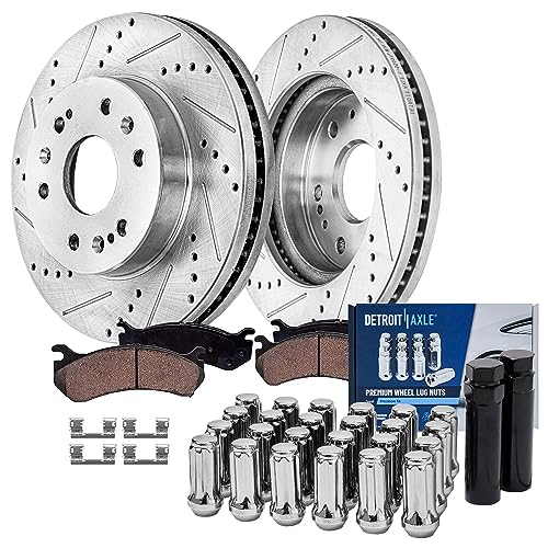 Image of Detroit Axle - Front Brake Kit for Silverado Sierra 1500 Yukon Escalade Drilled & Slotted Brake Rotors Ceramic Brake Pads + 24pc Lug Nuts w /keys Replacement - 30pc Set