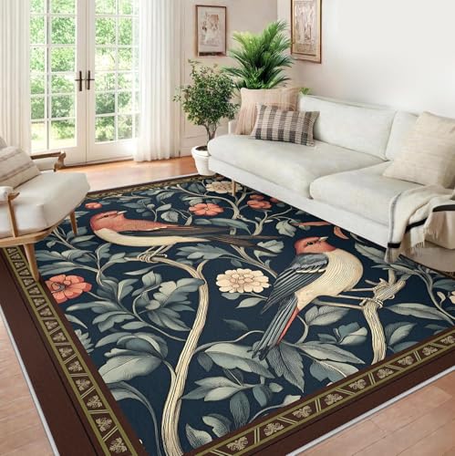 Tapis poil bas 160x230 vintage oiseau et fleur pour une entrée style nature