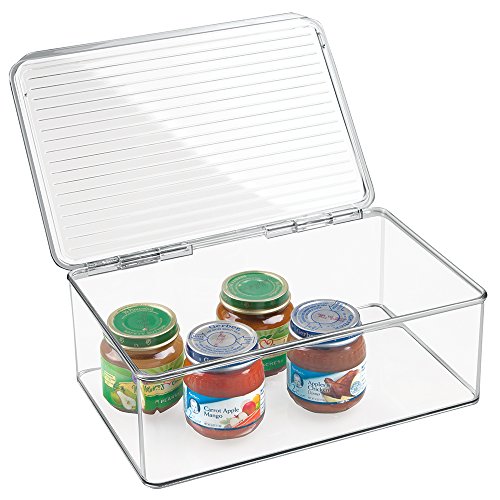 mDesign Stackable Kitchen Refrigerator Cabinet or Pantry Storage Organizer Bin with Attached Hinged Lid for Baby and Toddler Food, Snacks, Jar Storage BPA Free, Food Safe - Clear
