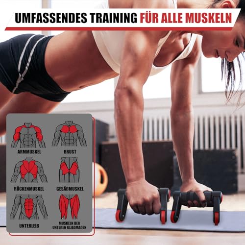 3 en 1 Pushup Bar Rodillo Abdominal con Gomas Elasticas Musculación Esterilla para Rodillas Fitness Aparatos de Gimnasia, Equipo de Entrenamiento de Fuerza para Hombres y Mujeres en Casa (Rojo) - imagen 4