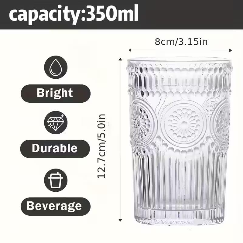 Image of PrimeWorld 6pcs Vintage Drinking Glasses Set - 350ml Highball Glasses & Embossed Ribbed Glassware Cups | Perfect for Thanksgiving, Cocktails, Juice, Coffee & Whiskey | Elegant & Durable Drinkware