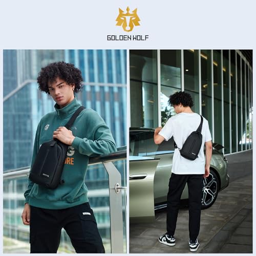 Image of GOLDEN WOLF Sling Bag for Men 5L Slim Chest Bag fits 8.3 inch iPad Mini Stylish Cross Bag with Slot Pocket & Key Holder Mobile Bag for Daypack One Shoulder Side Bag for Travel Casual Office, Black