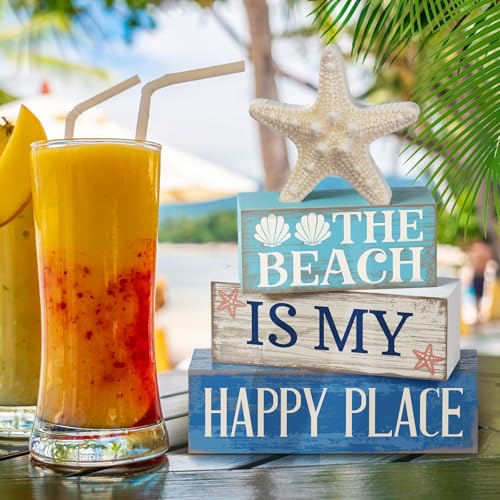 Image of Moucuny 4 Pcs Summer Table Decoration Beach Tiered Tray Decor Starfish Coastal Rustic Wooden Block Sign Gifts Blue and White Ocean Centerpieces Farmhouse Beach Nautical Decor for Home Shelf Mantel