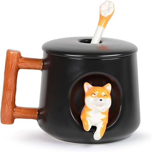 Miniatura 10 de Taza de cerámica para perros con diseño de mango de madera con cuchara y tapa (verde)