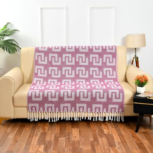 Image of Geometric Cotton Handloom Throw Blanket for Sofa & Bed | Soft Lightweight Reversible Decorative Throw with Tassels | All-Season Couch Throw (125x150 cm)