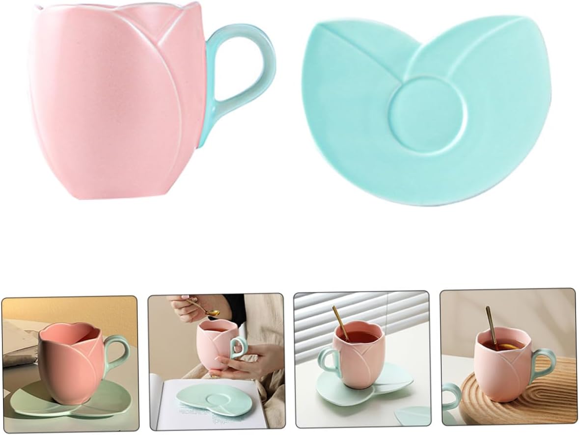Ceramic Coffee Mug with Saucer Tulip Shaped 300ml Large Capacity Pink Tulip Ceramic Tea Cup Home Beverage Cup Set for Breakfast and Milk Tea