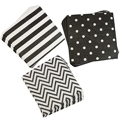 Dulousia Disposable 2-ply Party Napkins Striped Chevron Polka Dot paper beverage napkins for Birthday Christmas or Anniversary Celebration Cocktail Beverage Napkins 60-Count 13 x 13 Black