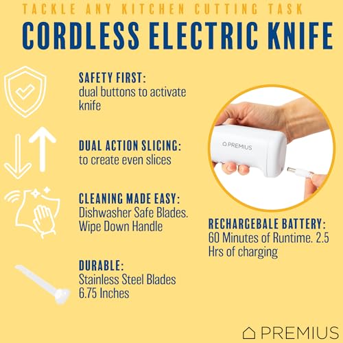 Professional Cordless Rechargeable Easy-Slice Electric Knife, Reciprocating Serrated Stainless-Steel Blades, Safety-Lock Trigger Release, Carving Meats, Turkey, Breads, Fruit, Crafting Foam, White - Thumbnail 6