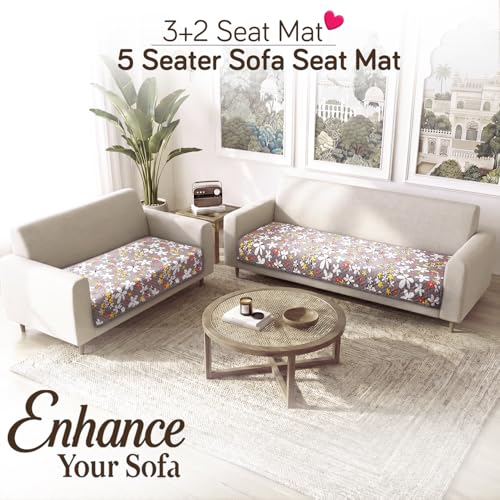 Image of HOKIPO 'Homehues Series' Printed Quilted 5 Seater Sofa Cover Set - Washable 3+2 Sofa Cover Mat | Pastel Brown Sandwort Flower (IN-807 + IN-809 - D1)