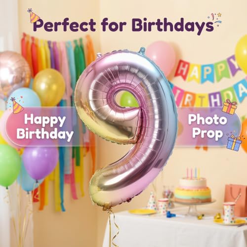 Image of YPSelected 32 Inch Large Foil Helium Number Balloon Birthday Wedding Party 0-9 (Rainbow, 9)