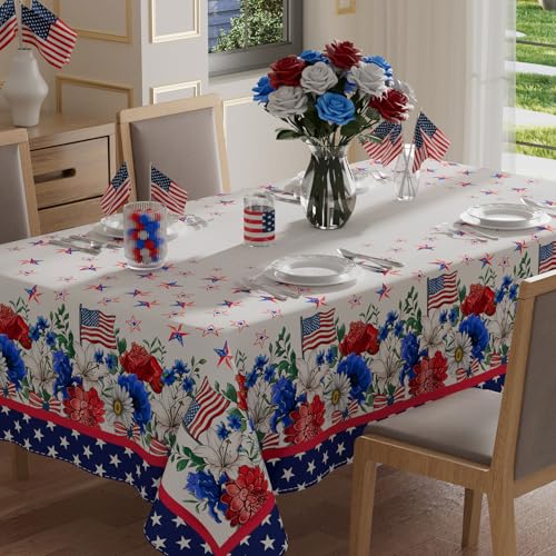 XCHI Flowers America Stars Eucalyptus Leaves 4th of July Tablecloth Rectangle Patriotic Memorial Day Table Cloth Table Covers for Indoor Dining Home Party Decorations 60x84 Inch