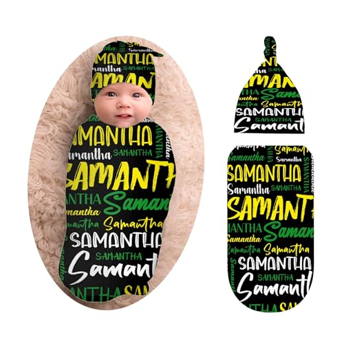 Personalized Baby Swaddle Blanket & Hat Set for Boys Girls, Customized Newborn Gifts, Custom Receiving Blanket with Name, Ultra Soft Nursery Swaddle Wrap, Swaddling Sleeping Sacks