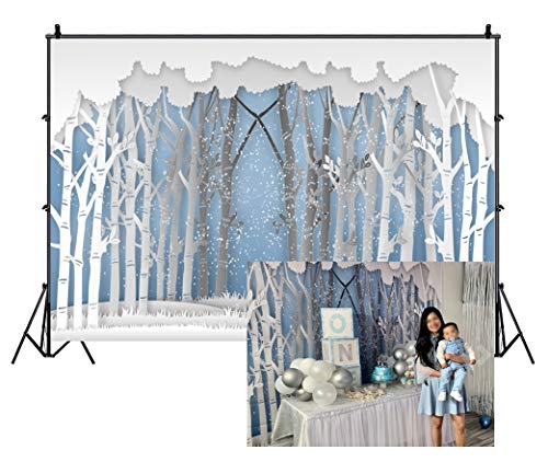 Leowefowa Snow Forest Cartoon Backdrop 8x6.5ft Vinyl Winter Wonderland Background Christmas Backdrop Winter Festival Children Party Baby 1st Birthday Baby Shower Party Banner Children Photo Shoot