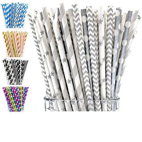Grey Paper Straws by PGK - 200 Box | Silver Paper Straws in
