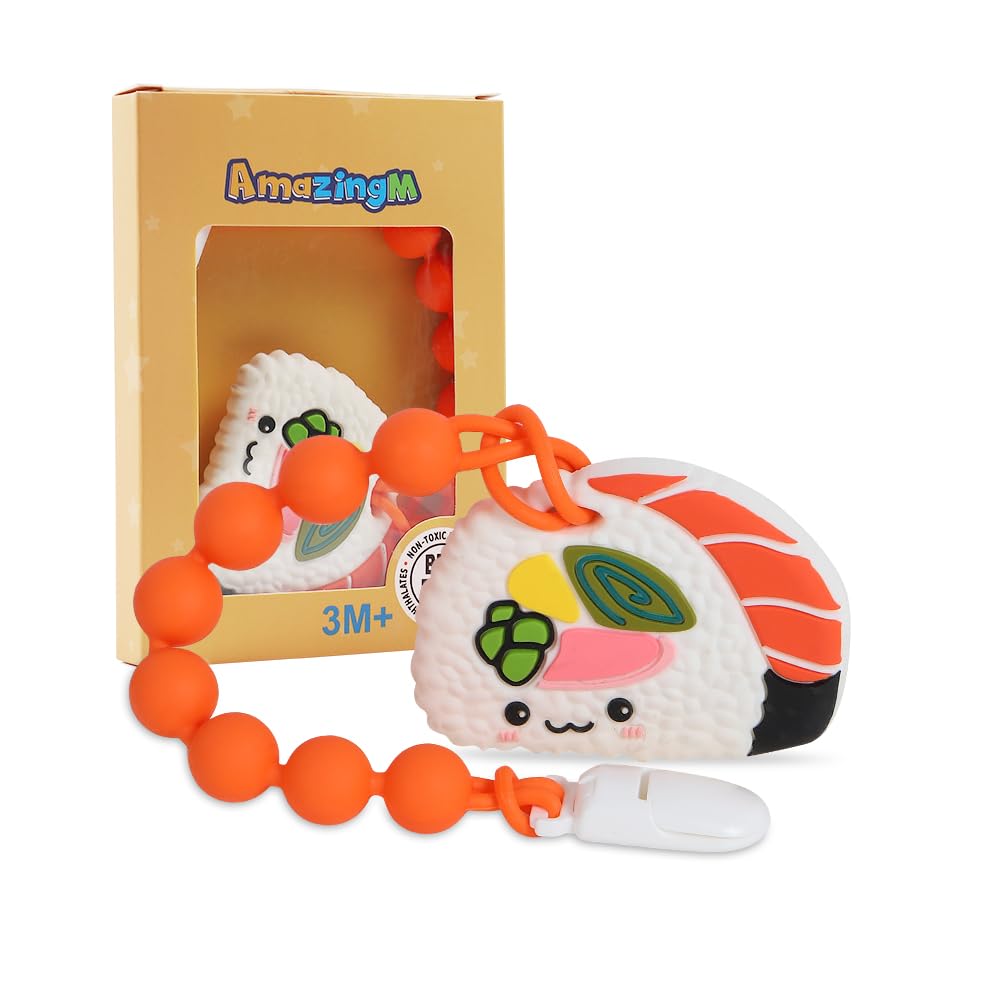 Baby Food Grade Silicone Teether Toy with One Piece Design Pacifier Clip Holder,Teething Pain Relief Toys Gift Set for 3 Months+ Boys and Girls,Freezer Safe,BPA Free. (Sushi)
