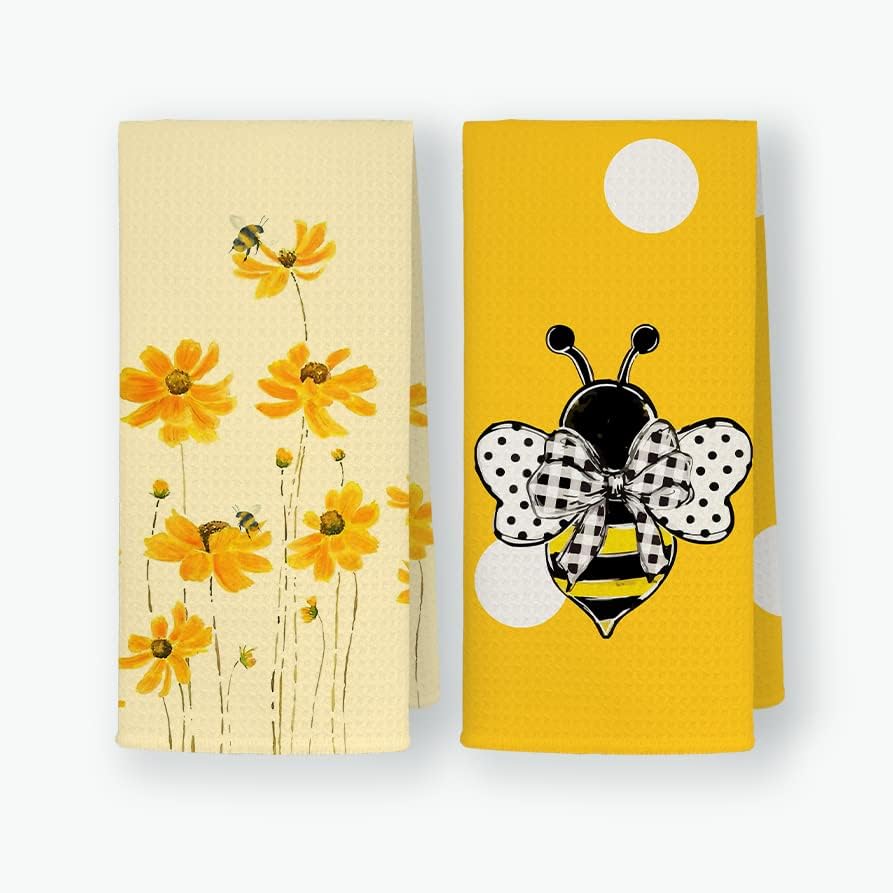Juego de 2 paños de cocina suaves de 16 x 24 pulgadas, diseño de margaritas amarillas y abejas de miel, toallas de mano para cocina
