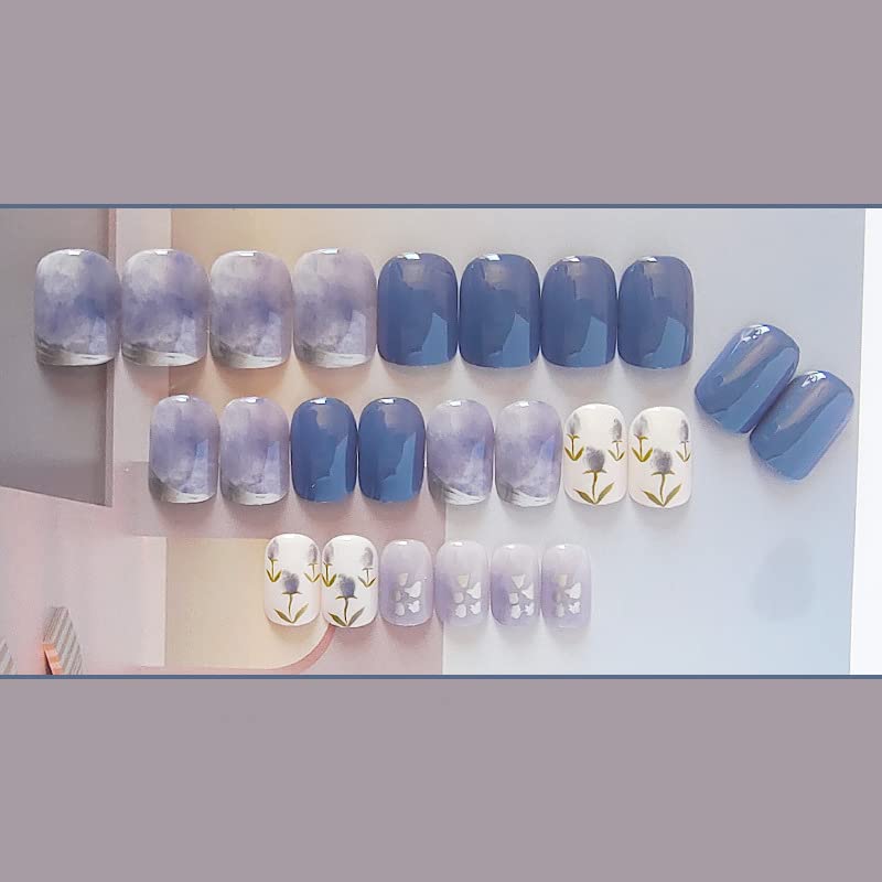 Miniatura 2 de Uñas postizas a presión azules, cuadradas, cortas, de cobertura completa, brillantes, diseño con tulipanes, pegamento en las uñas para acrílico