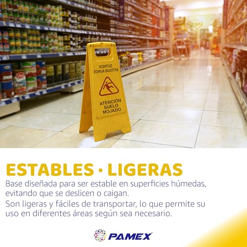 PAMEX Cartel de Suelo Mojado. Señal Plegable Señalización Advertencia Mojado Color Amarillo. Advertencia Superficie Resbaladiza. En Castellano y Euskera - imagen 5