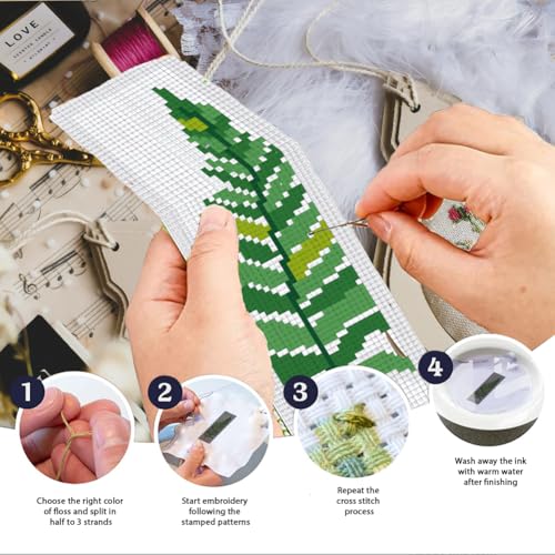 Image of INFUNLY 6PCS DIY Green Leaves Cross Stitch Bookmark Kits 7.9x2.4 Tropical Plant Stamped Embroidery Bookmarks Kit with Instruction Foliage Needlepoint Bookmark Kits for Book Lovers Readers Writers