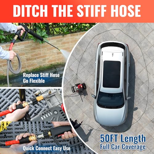 Image of YAMATIC Flexible Pressure Washer Hose 50 FT 1 /4 inch, M22-14mm Females | With 3 /8 inch Quick-Connect Adapters, 3200 PSI Kink-Resistant, Replacement /Extension Hose For Power Washing, Grey