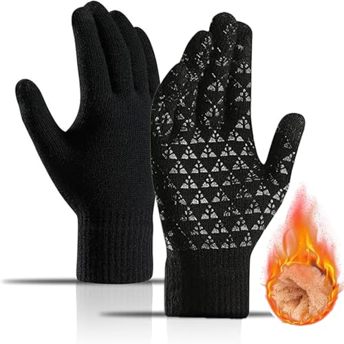 HIHIDAY 2 Pairs of Winter Knit Gloves for Men and Women with Upgraded Touch Screen - Anti-Slip Glove Fleece Lined for Winter Outdoor Sports One Size Black