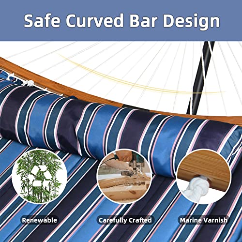Heng Feng Outdoor Hammock With Stand Included 2 Person Heavy Duty Hammocks Curved Bamboo Spreader Bars, Detachable Pillow,Blue Stripe #TOP1