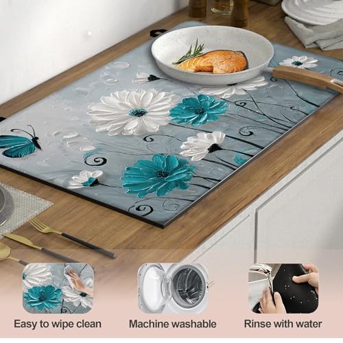 Image of Daisy Flowers Stove Cover for Electric and Glass Stove Tops 3-in-1 Stove Mat, Heat Resistant Counter Protector Mat, Non-Slip Surface & Drying Rack, 28.5 inchLx20.5 inchW