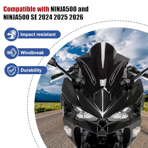 Image of PSLER Motorcycle Windshield Windscreen for Ninja 500 2024-2026, Black | Double bubble windshield helps deflect wind for highway and daily rides, various colors with aggressive looking design