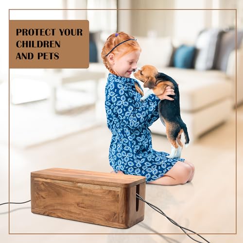 Image of Large Cable Management Box - Acacia Wood - Cable Organizer Box and Power Strip Box for Electrical Cord Management - Hide Desk Cord and Floor Cables - Wire Storage and Organization for Cords