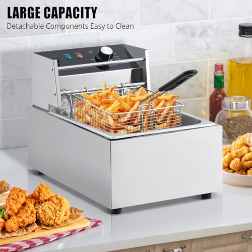 GarveeHome with Deep Fryer Extra - 6L Oil Capacity, High-End Model with Oil Drain Valve, 120V, 1800W, Basket and Lid, Stainless Steel Easy to Clean for Restaurant Mobile Catering Food Cooking