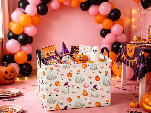 Image of Sanjiaofeng Rectangular Pink Halloween Ghost Storage Basket,Trick or Treat Halloween Basket,Halloweens Party Candy Gift Baskets(Pink Pumpkin)