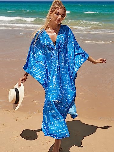 Image of sunforyou Kaftan Dresses for Women Plus Size Lightweight Swimsuit Cover up Batwing Sleeve Print Loungewear Beach Robe