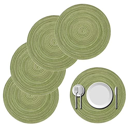 Round Braided Placemats Set of 4, Cotton Round Table Placemats 15 inch for Home Wedding Party (Green)