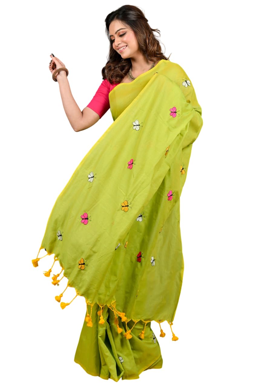 Blended Cotton Handloom Saree with Hand Embroidery, 5.5 Meters with 0.8 Meter Blouse Piece, Floral Embroidered Border, Traditional Bengali Style-image-4