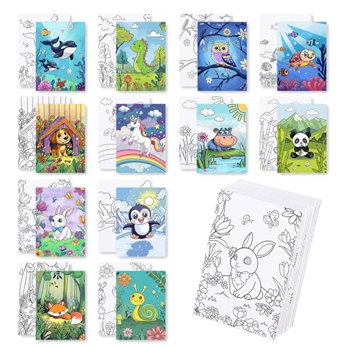 Zynlio 12 Packs Animal Pre Drawn Canvas to Paint Animal Pre Printed Canvas for Painting Pre Stretched Canvas Outline Painting Boards for Beginners Students Party Favors(5 * 7in)