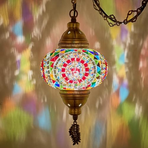 DEMMEXPlug-in Turkish Moroccan Mosaic Hanging Pendant Ceiling Light – Swag Lamp Fixture with 15ft Cord & Chain, Handcrafted Glass, Vintage Tiffany Style, Mediterranean Exotic Decor, Multicolored