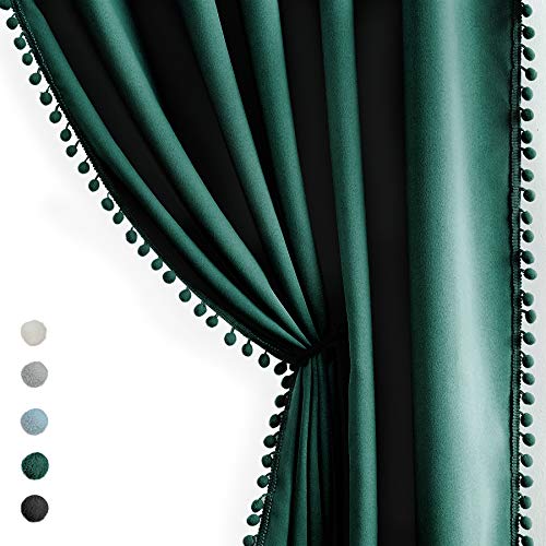 Image of Treatmentex Green Blackout Curtains for Bedroom 90 inch Pom Pom Windows Drapes Cute Decorative Triple Weave Thermal Insulated Curtain Drapes for Nursery Room Studio Hotel 52 inch w x2 Panels Rod Pocket