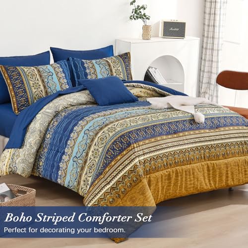 Image of Cottolester Boho Comforter Set Full Size 8 Pieces,Brown Blue Bohemian Comforter Paisley Striped Bed in A Bag,Soft Microfiber Bedding Set for All Season
