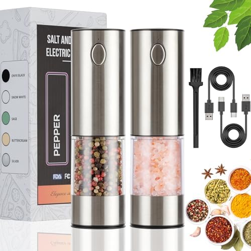 Moocoo Electric Salt And Pepper Grinder Set - Rechargeable Stainless Steel Mills With LED Light & Adjustable Coarseness
